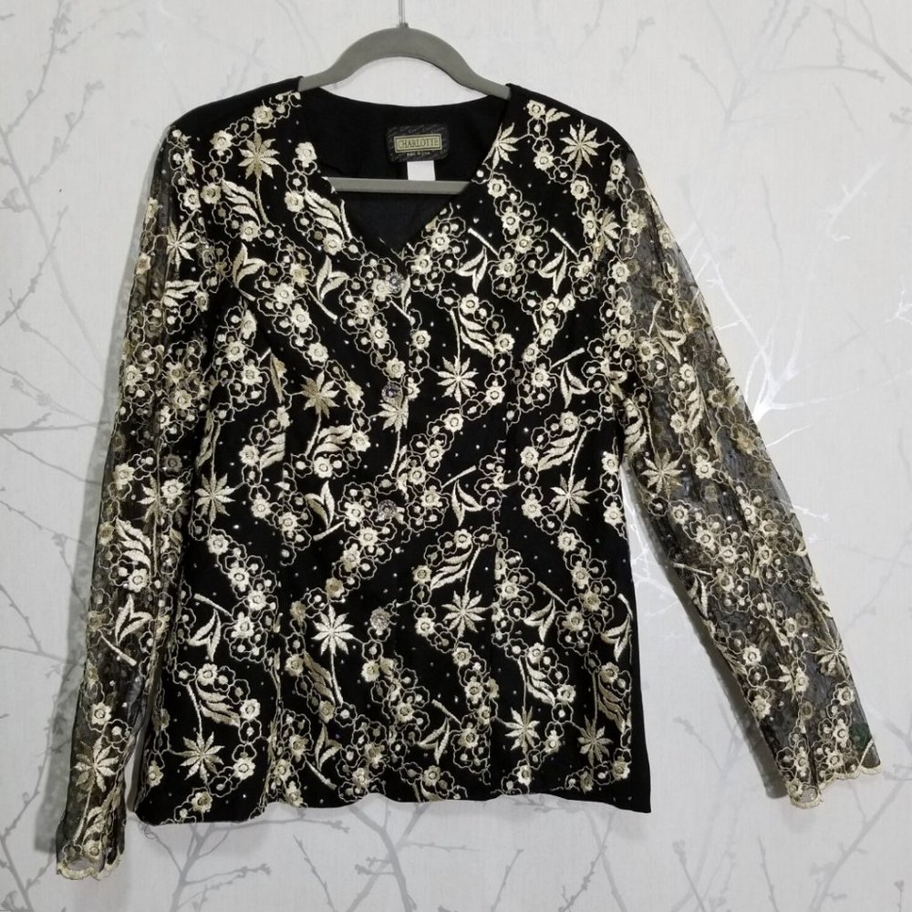 Charlotte Black Gold Floral Embroidered Blouse